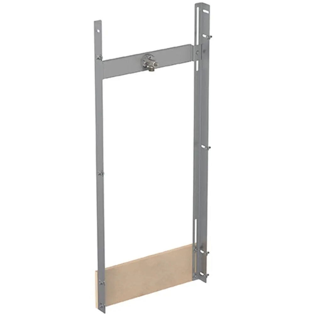 Duschplatz-Element von Ideal Standard, bestehend aus einem metallischen Rahmen und einer Holzplatte, zur Integration einer Armatur und Kopfbrause in feuchten Räumen.